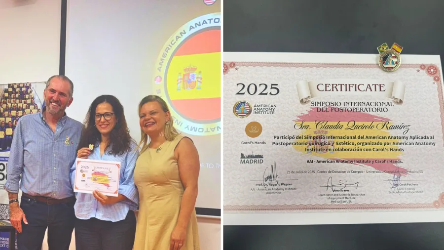 Especialista en masajes postoperatorios en Barcelona recibiendo certificado en simposio internacional de anatomía aplicada al postoperatorio.

