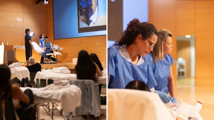 Formación práctica en rehabilitación postoperatoria impartida por Carol’s Hands en la Clínica Planas, donde Claudia Queirolo actualiza sus técnicas de masajes postoperatorios en Barcelona.